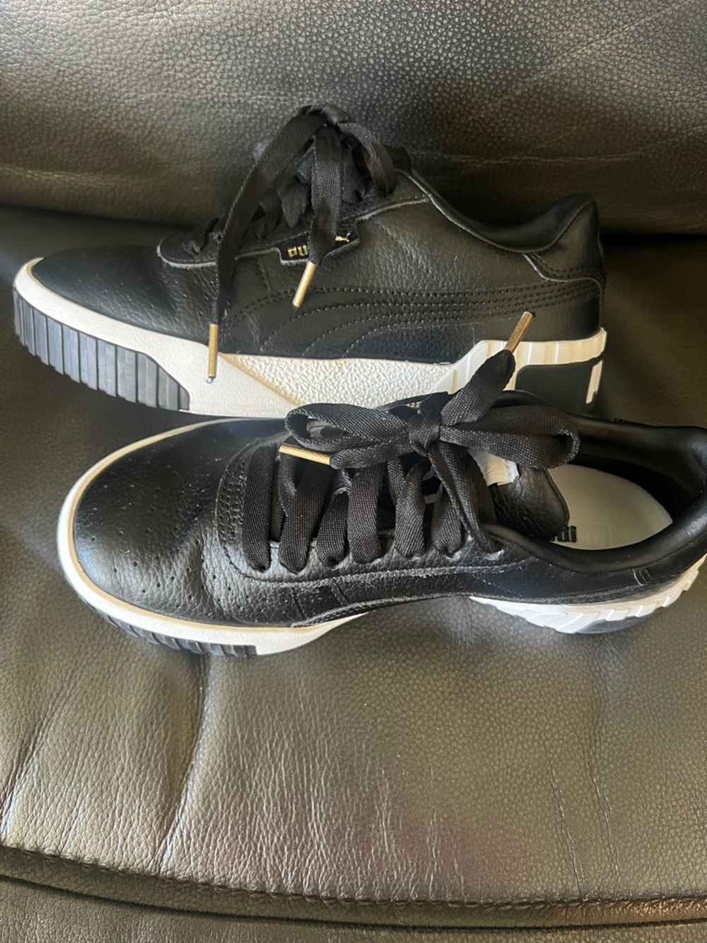 Puma Black Leather Sneakers with White Platform Accents